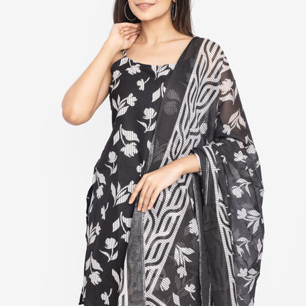 Monochrome Leaf-Print Kurta Set with Dupatta