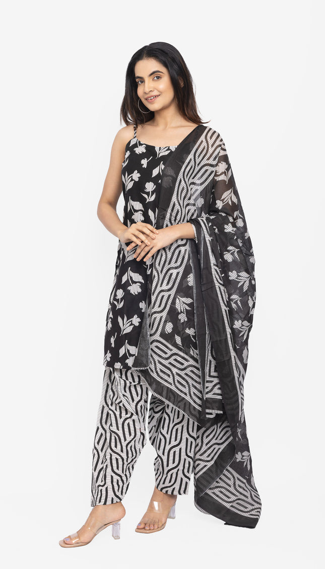 Monochrome Leaf-Print Kurta Set with Dupatta