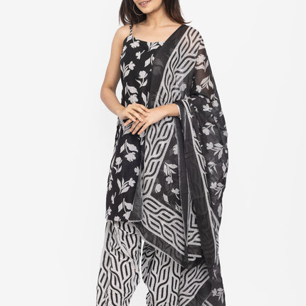 Monochrome Leaf-Print Kurta Set with Dupatta