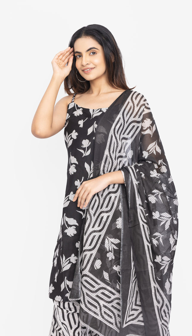 Monochrome Leaf-Print Kurta Set with Dupatta