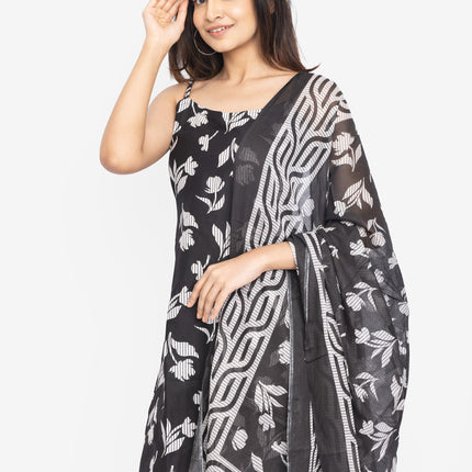 Monochrome Leaf-Print Kurta Set with Dupatta