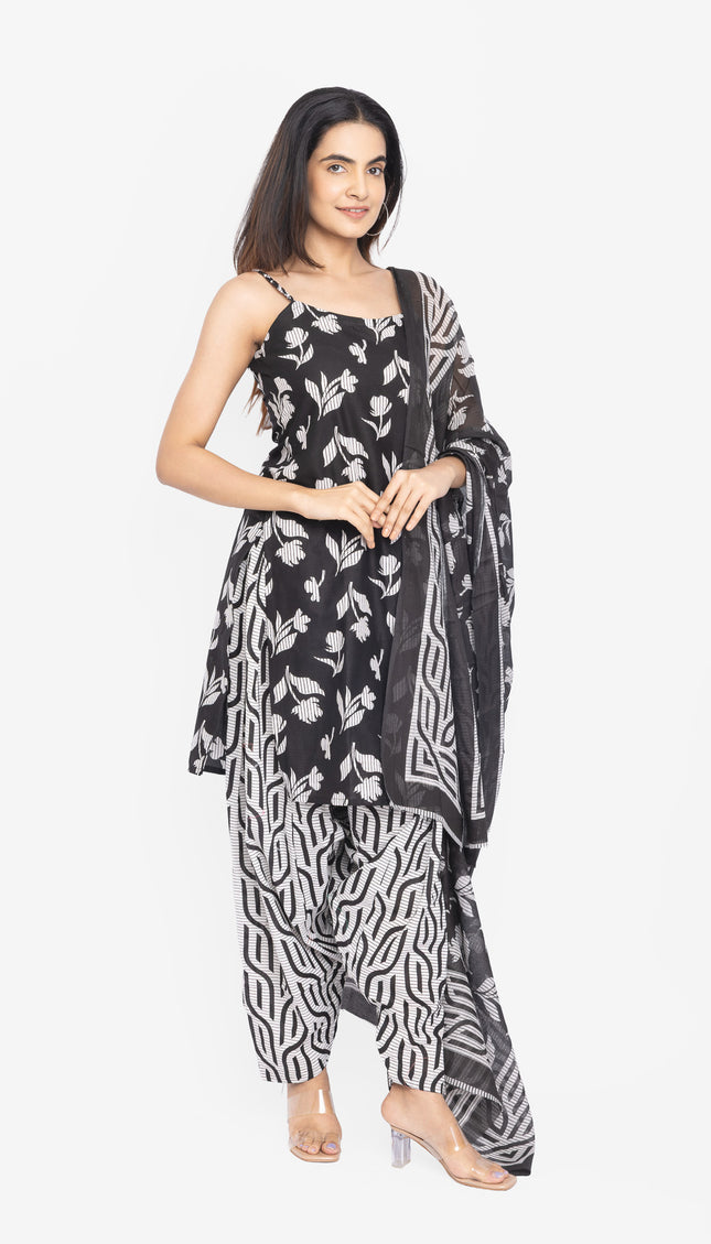 Monochrome Leaf-Print Kurta Set with Dupatta