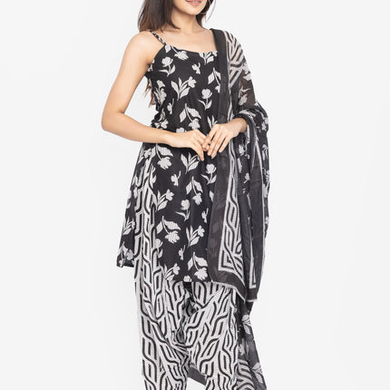 Monochrome Leaf-Print Kurta Set with Dupatta