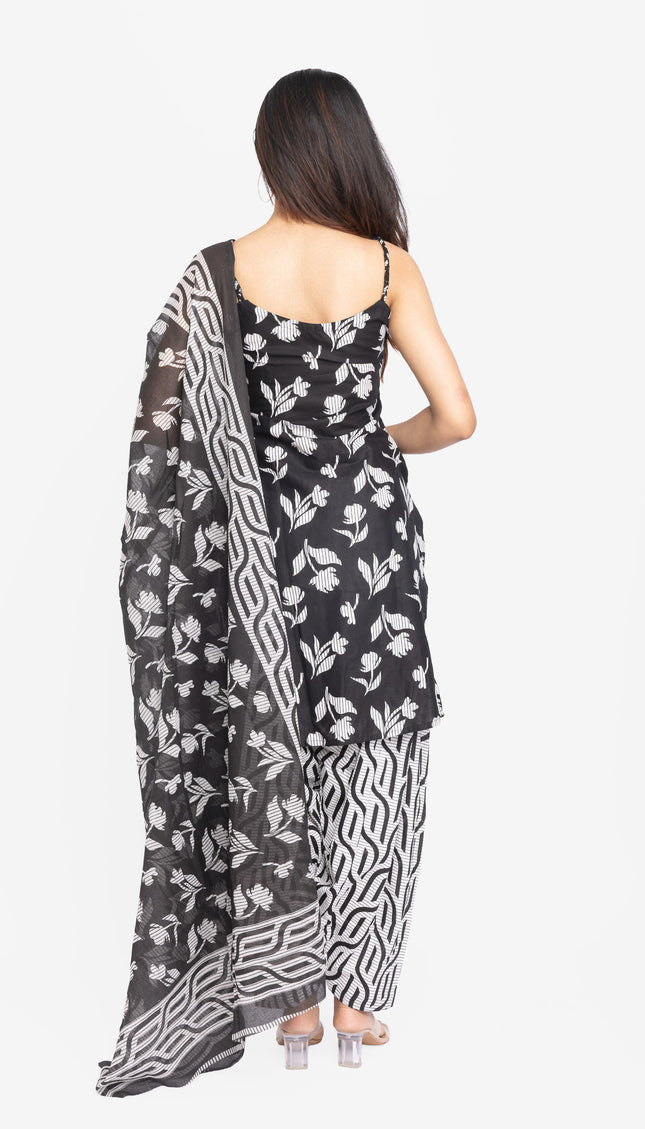 Monochrome Leaf-Print Kurta Set with Dupatta