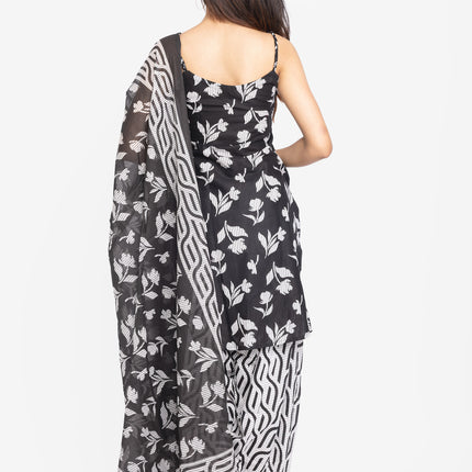 Monochrome Leaf-Print Kurta Set with Dupatta