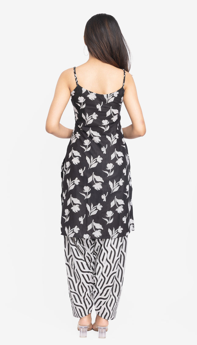 Monochrome Leaf-Print Kurta Set with Dupatta