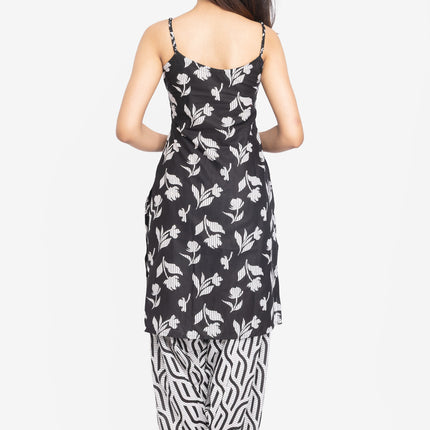 Monochrome Leaf-Print Kurta Set with Dupatta