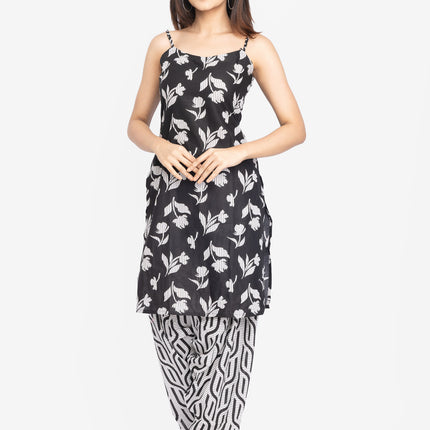 Monochrome Leaf-Print Kurta Set with Dupatta