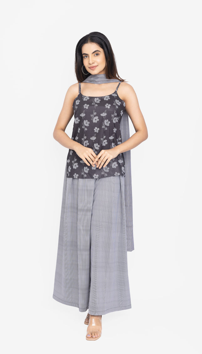 Midnight Bloom Strap Kurta with Korean Flare Pants
