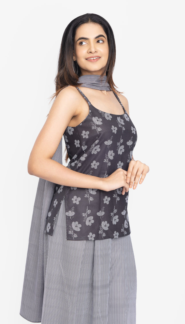 Midnight Bloom Strap Kurta with Korean Flare Pants
