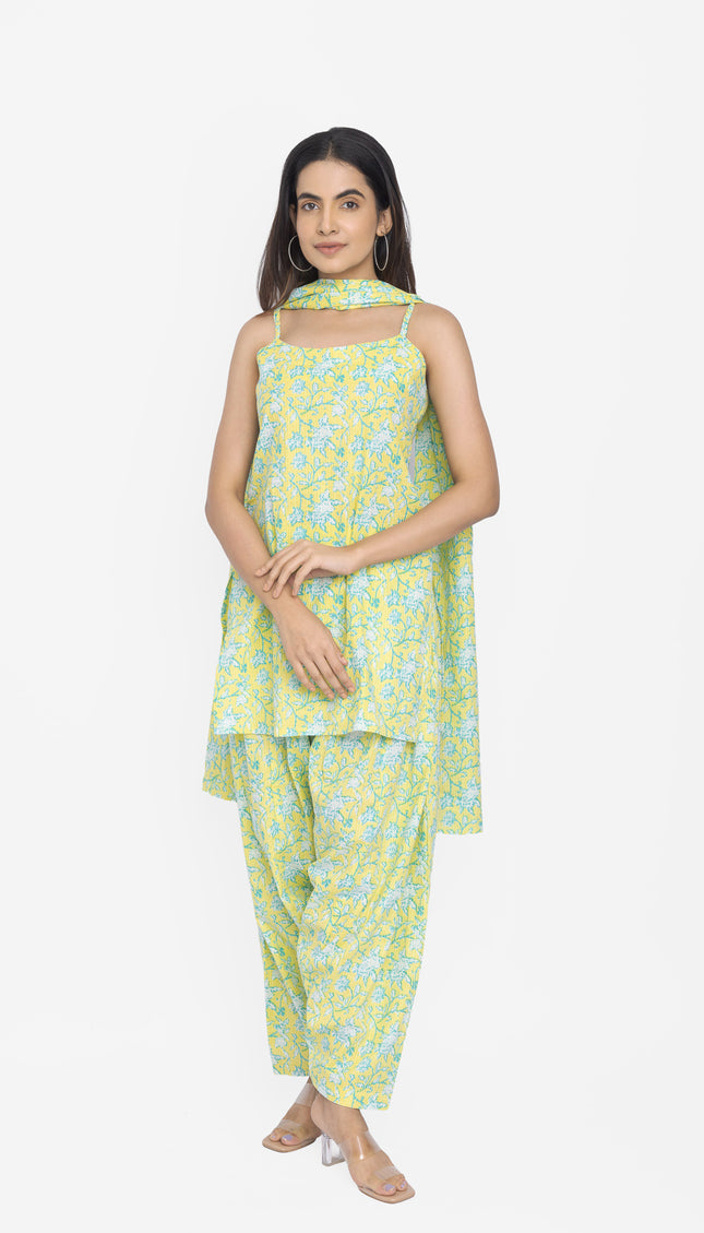 Lime Meadow Sleeveless Kurta & Pant Set with Dupatta