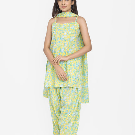 Lime Meadow Sleeveless Kurta & Pant Set with Dupatta
