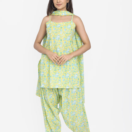 Lime Meadow Sleeveless Kurta & Pant Set with Dupatta