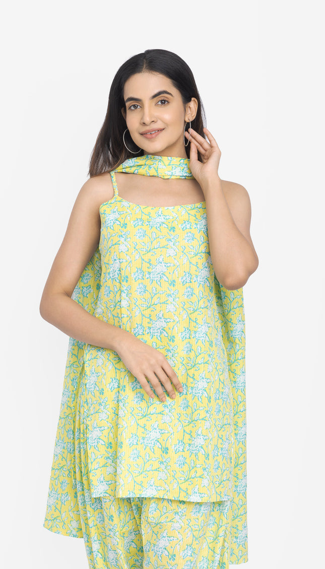 Lime Meadow Sleeveless Kurta & Pant Set with Dupatta