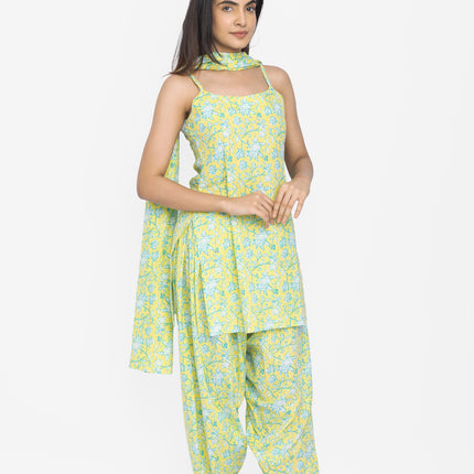 Lime Meadow Sleeveless Kurta & Pant Set with Dupatta
