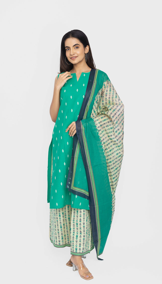 Teal Ikat Bloom Kurta, Palazzo & Dupatta Set