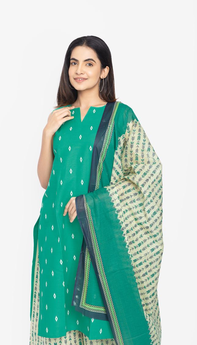 Teal Ikat Bloom Kurta, Palazzo & Dupatta Set