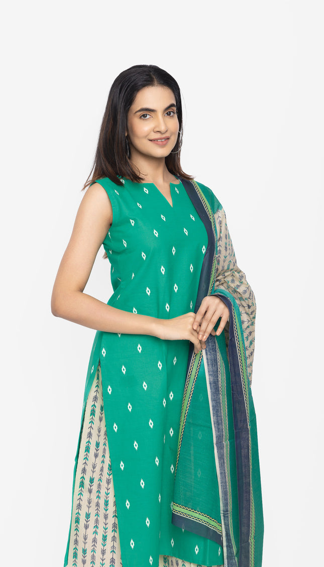 Teal Ikat Bloom Kurta, Palazzo & Dupatta Set