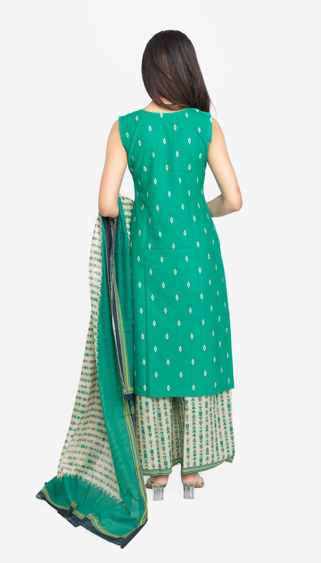 Teal Ikat Bloom Kurta, Palazzo & Dupatta Set