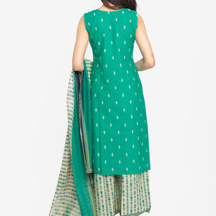 Teal Ikat Bloom Kurta, Palazzo & Dupatta Set