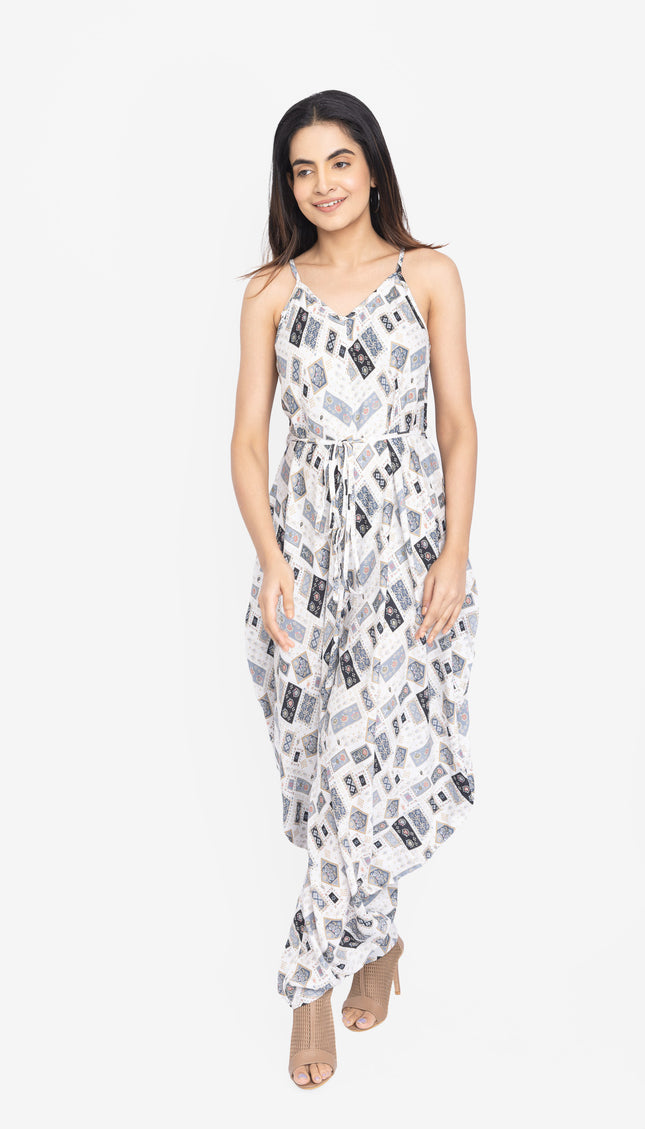 White Geo-Print Tie-Waist Jumpsuit