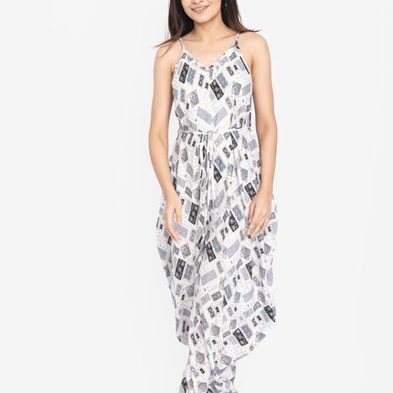 White Geo-Print Tie-Waist Jumpsuit