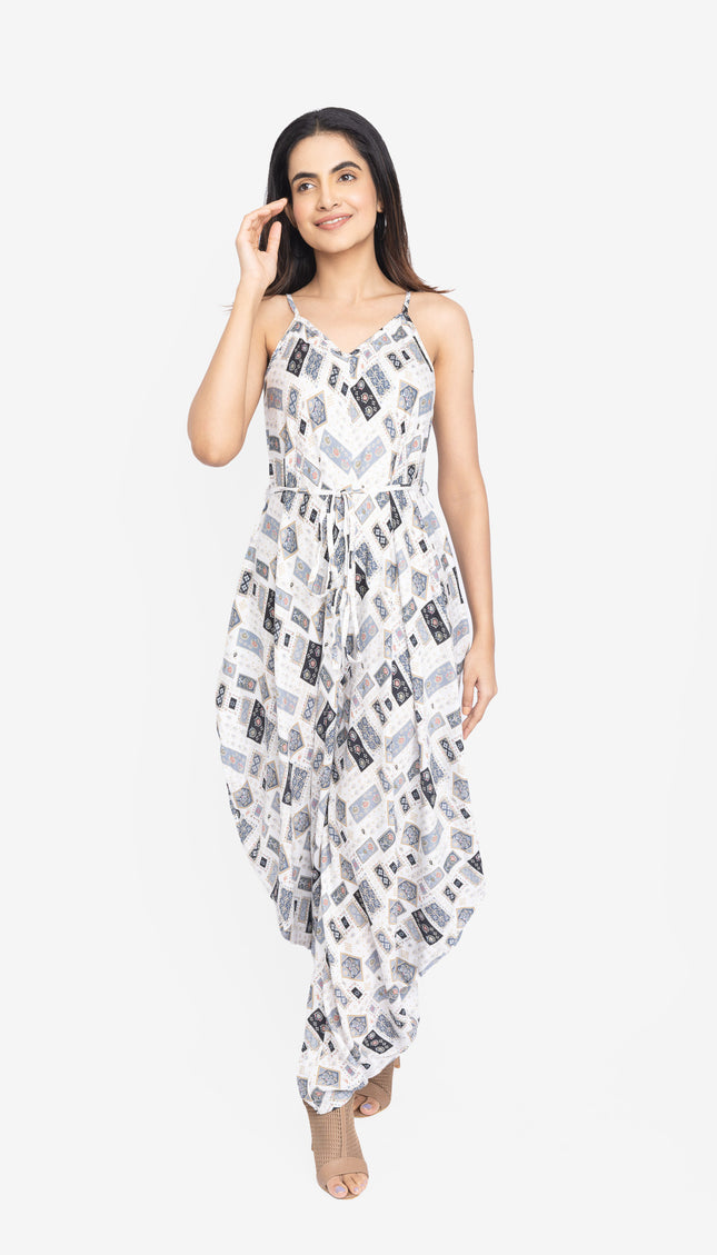 White Geo-Print Tie-Waist Jumpsuit