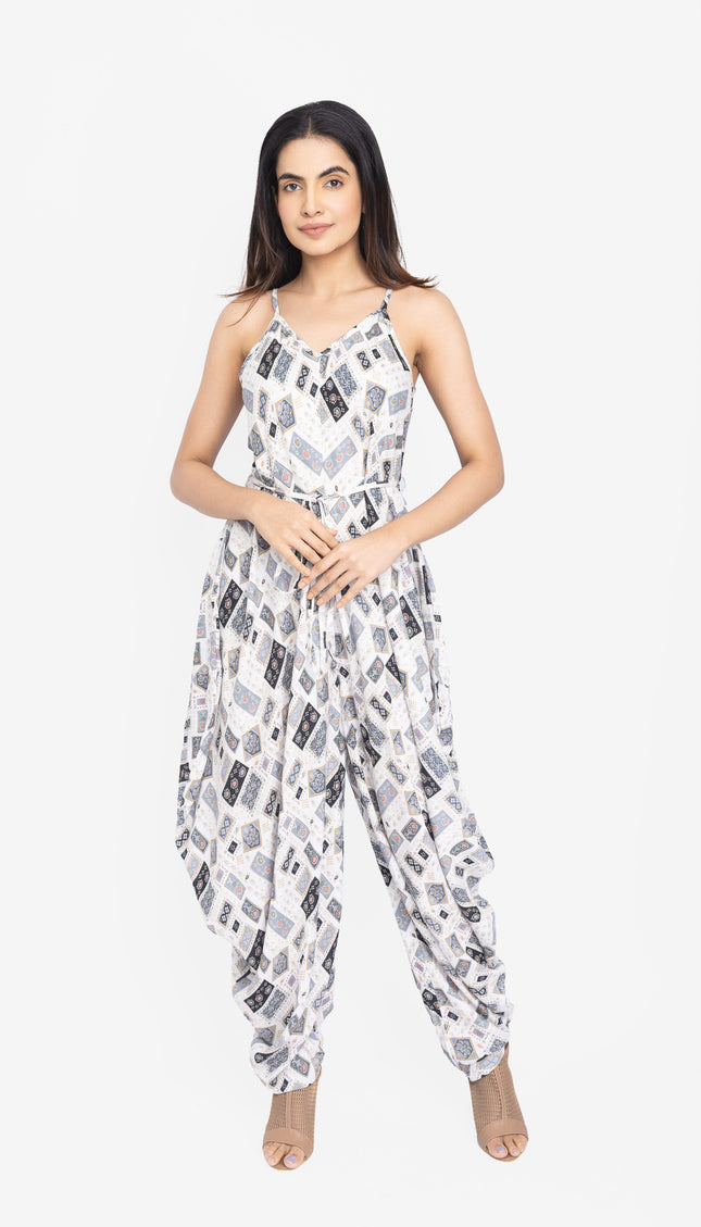 White Geo-Print Tie-Waist Jumpsuit