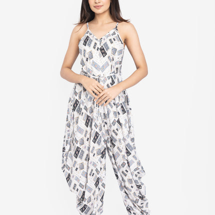 White Geo-Print Tie-Waist Jumpsuit