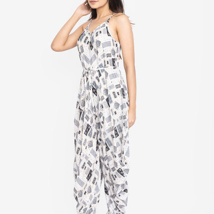 White Geo-Print Tie-Waist Jumpsuit