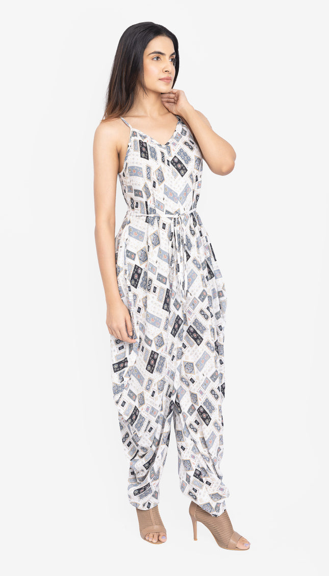 White Geo-Print Tie-Waist Jumpsuit