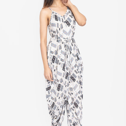 White Geo-Print Tie-Waist Jumpsuit