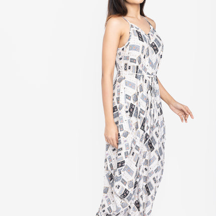 White Geo-Print Tie-Waist Jumpsuit