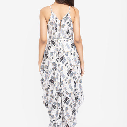 White Geo-Print Tie-Waist Jumpsuit
