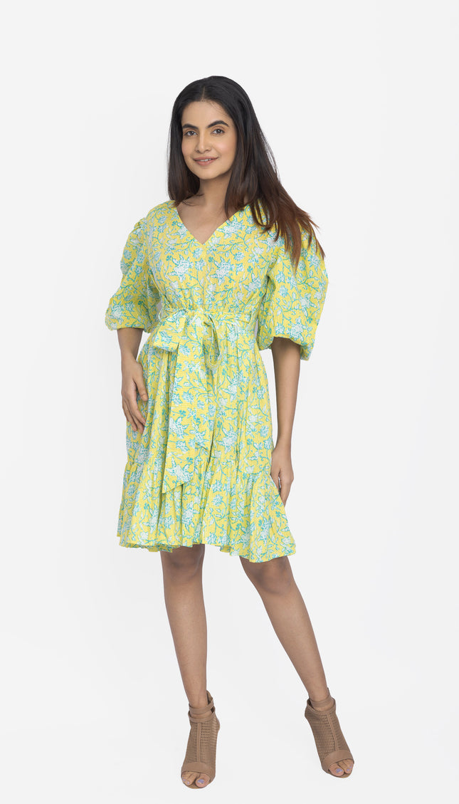 Lime Meadow Puff-Sleeve Waist Tie Dress