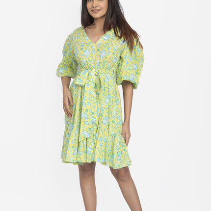Lime Meadow Puff-Sleeve Waist Tie Dress