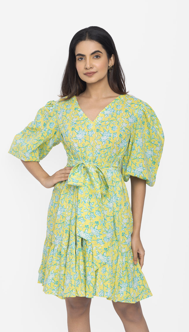Lime Meadow Puff-Sleeve Waist Tie Dress