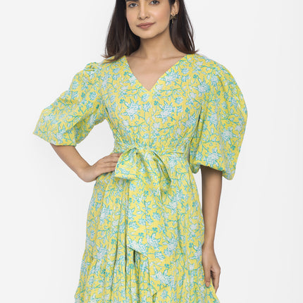 Lime Meadow Puff-Sleeve Waist Tie Dress