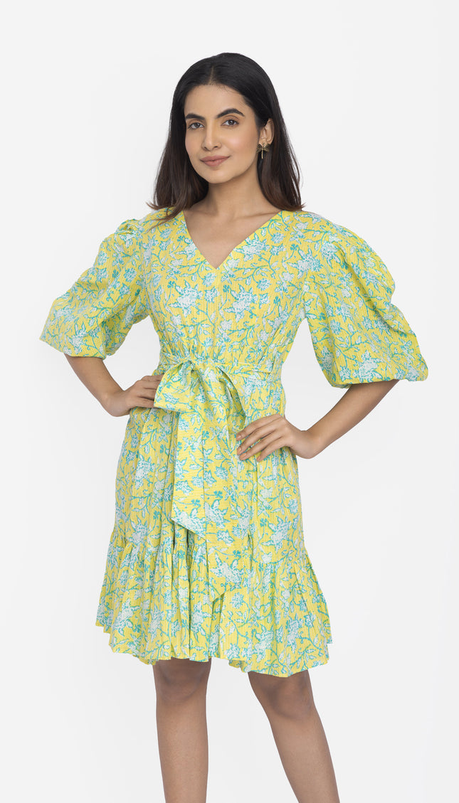 Lime Meadow Puff-Sleeve Waist Tie Dress