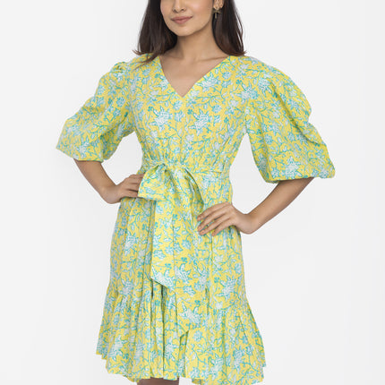Lime Meadow Puff-Sleeve Waist Tie Dress