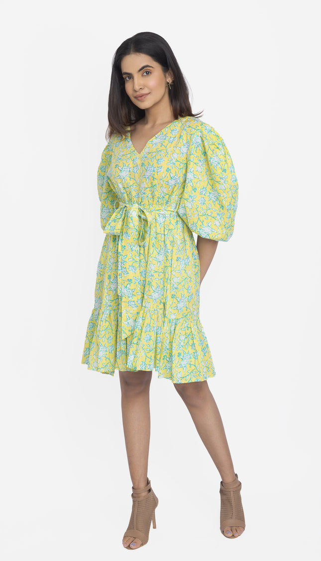 Lime Meadow Puff-Sleeve Waist Tie Dress