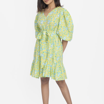 Lime Meadow Puff-Sleeve Waist Tie Dress