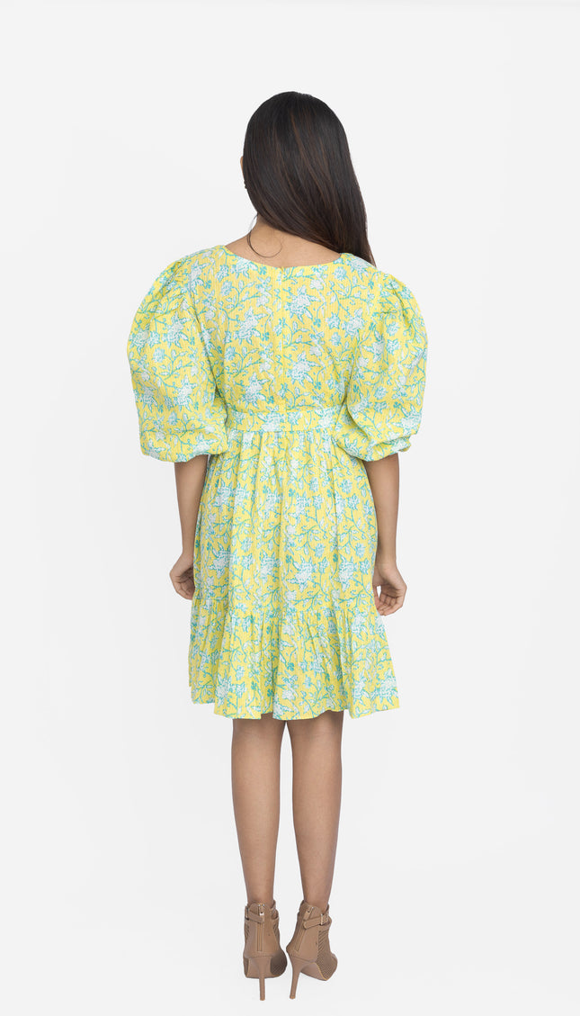 Lime Meadow Puff-Sleeve Waist Tie Dress