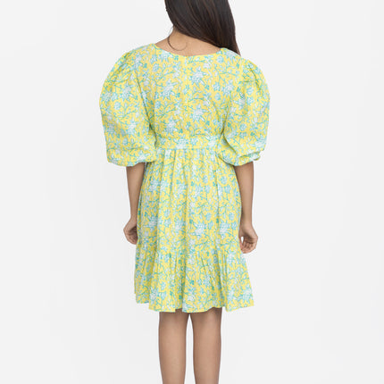 Lime Meadow Puff-Sleeve Waist Tie Dress