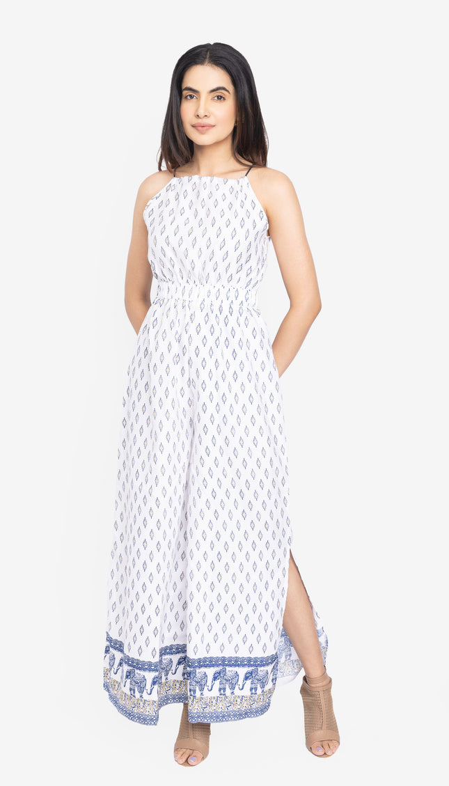 White Indigo Border Flare Jumpsuit