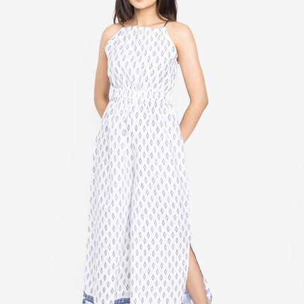 White Indigo Border Flare Jumpsuit
