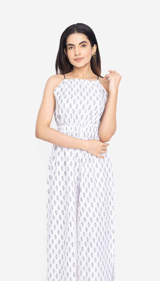 White Indigo Border Flare Jumpsuit