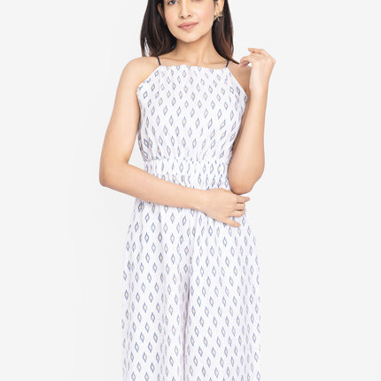 White Indigo Border Flare Jumpsuit