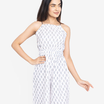 White Indigo Border Flare Jumpsuit