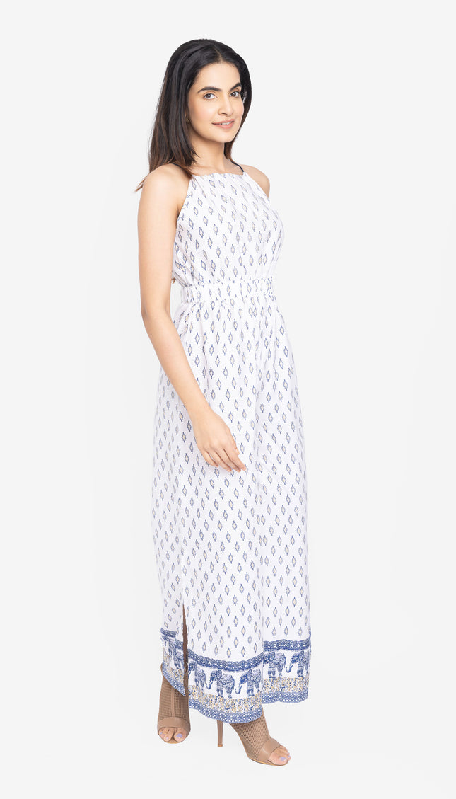 White Indigo Border Flare Jumpsuit